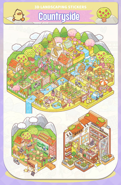Illustration of a small town with shops and greenery on a white background