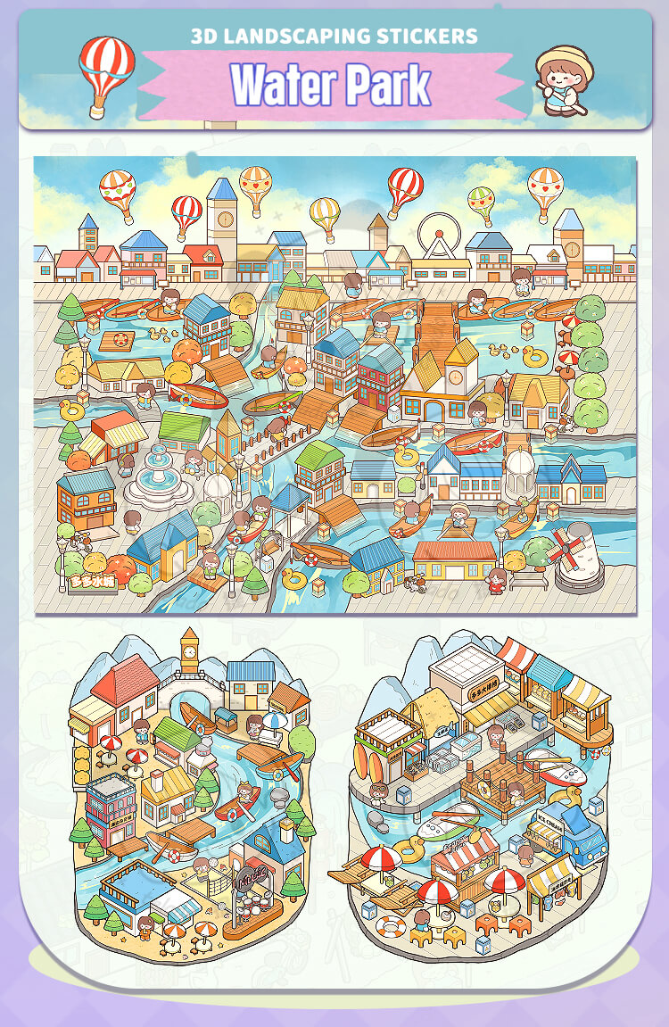 Illustration of a small town with various buildings and activities, including hot air balloons.