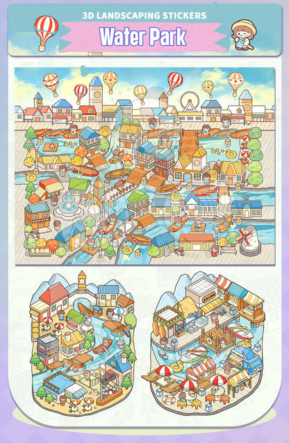 Illustration of a small town with various buildings and activities, including hot air balloons.