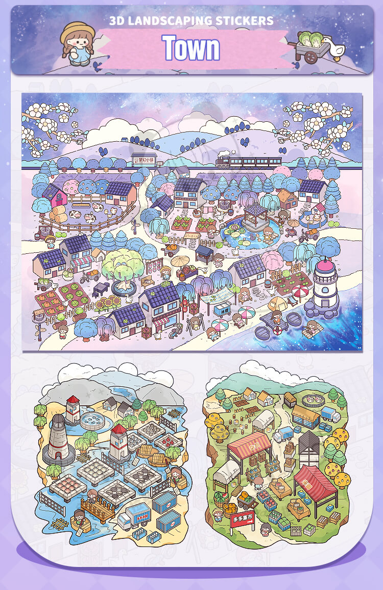 Illustration of a small town with various buildings and landscapes.