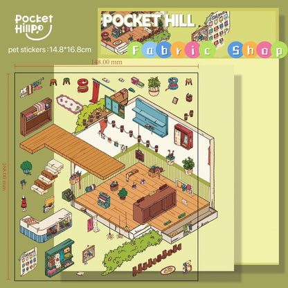  Pocket Hill Fabric shop scene sticker – sewing, fabrics and cozy DIY decor by DOUBLEWOO
