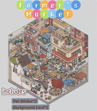 Bustling farmer’s market sticker – food stalls and street scenes – Pocket Hill By DOUBLEWOO