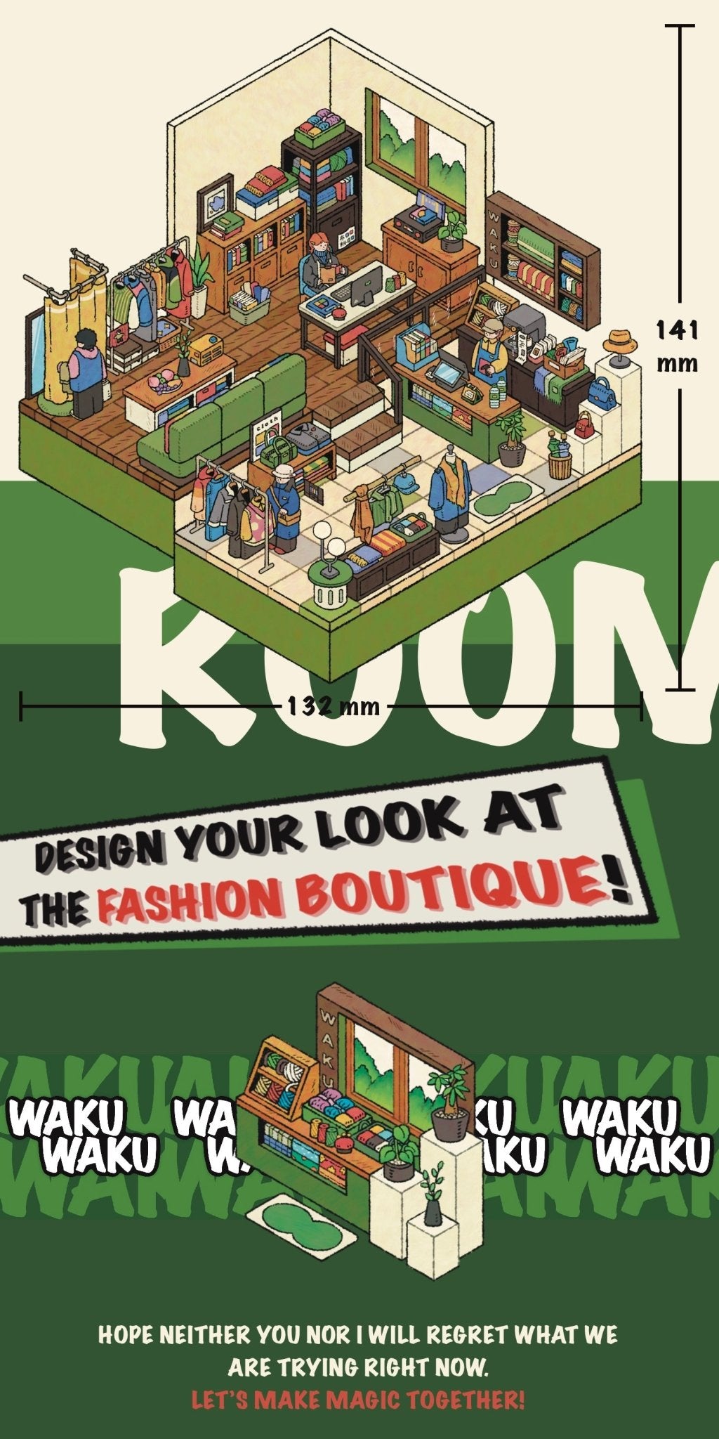 Completed Fashion Boutique scene with scale reference – layered sticker setup showing boutique interior and character positions with dimensions