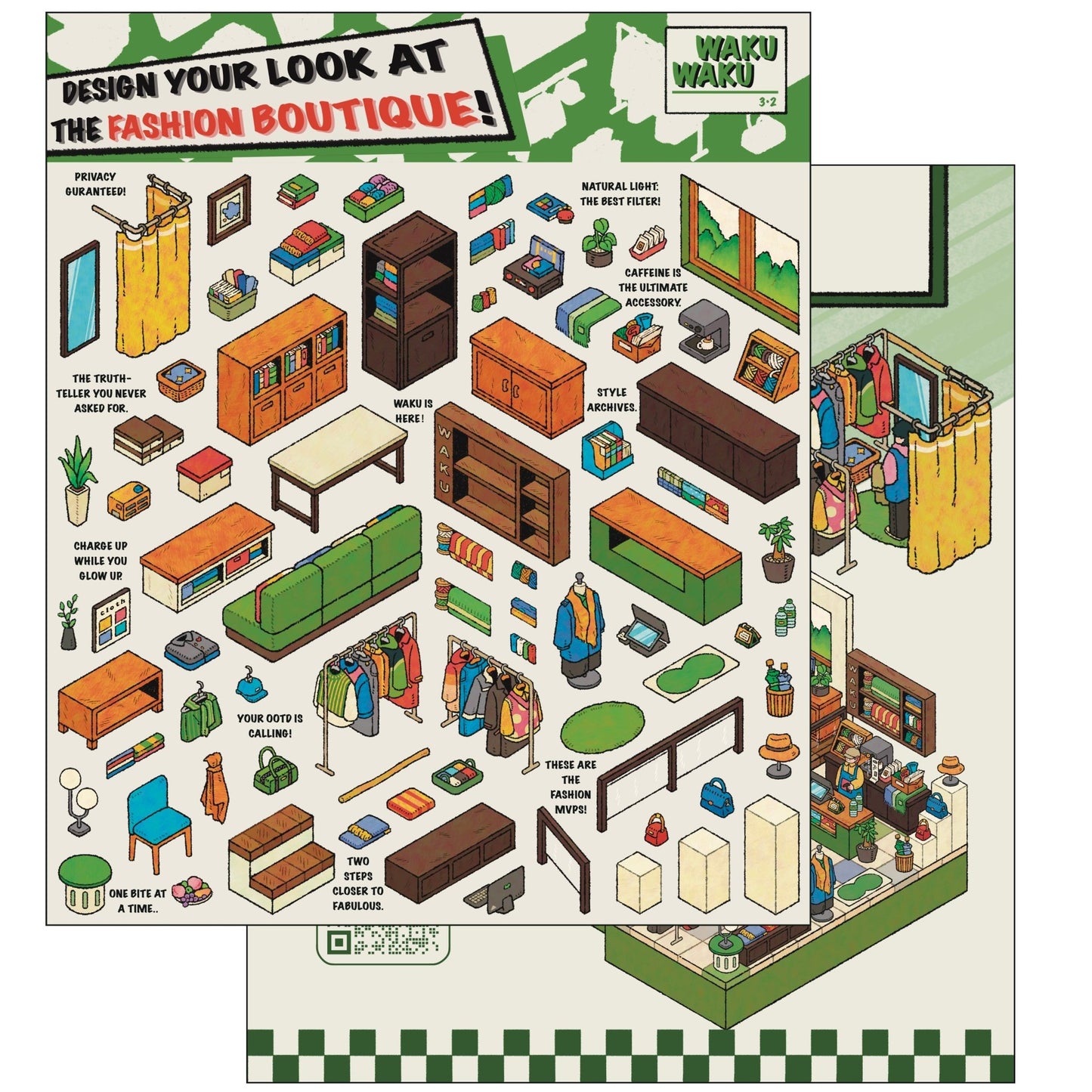 PET sticker sheets for WakuWaku Fashion Boutique scene sticker– includes clothing racks, hats, bags, mannequins, and detailed accessories