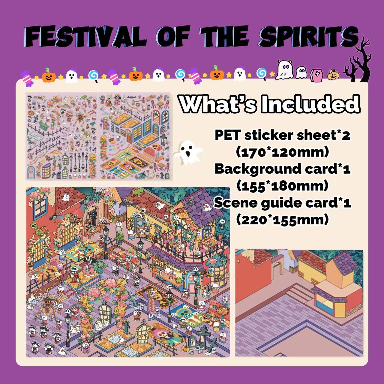 Product packaging for 'Festival of the Spirits' with illustrations and text on a purple background.