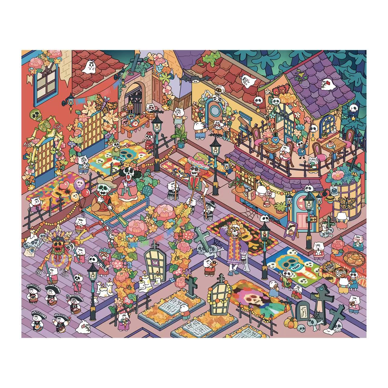 Colorful illustration of a Halloween-themed town square with various characters and activities.