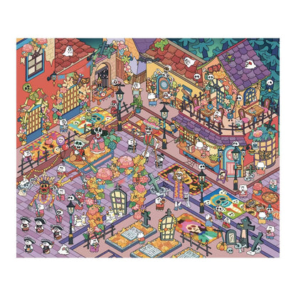Colorful illustration of a Halloween-themed town square with various characters and activities.