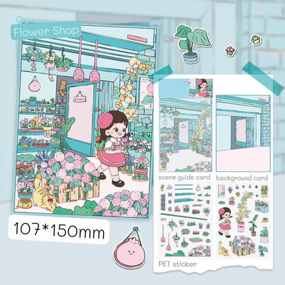 Flower Shop sticker kit – includes background card, scene guide, and PET sticker sheets featuring plants and blooms