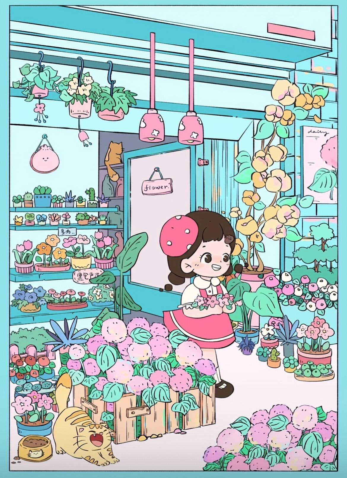 Flower Shop sticker scene – a cheerful flower-filled boutique with pastel tones and playful plant decor