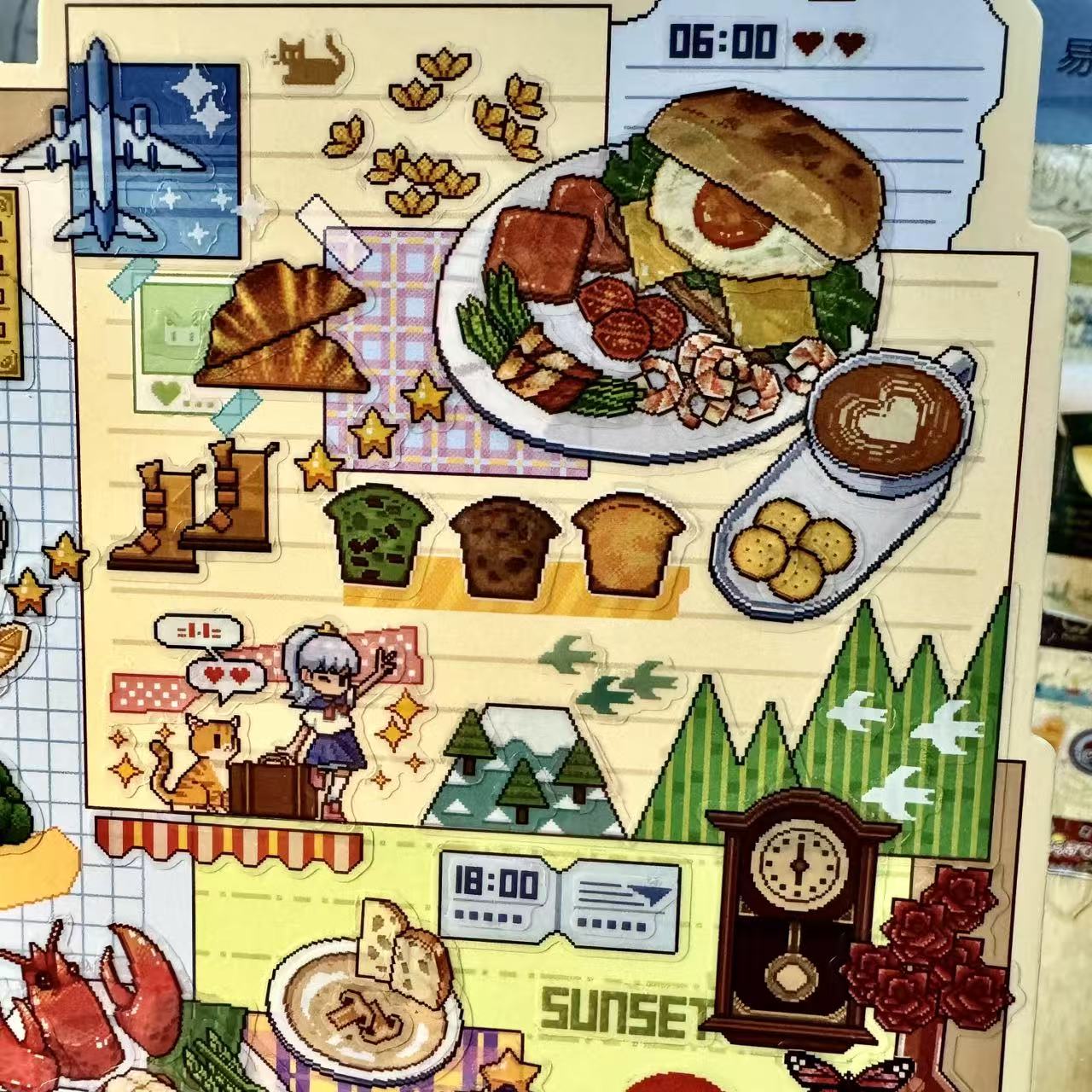 Illustrated daily schedule with food, travel, and nature elements on a grid background.