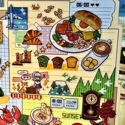 Illustrated daily schedule with food, travel, and nature elements on a grid background.