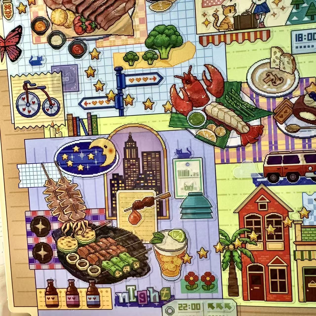 Colorful illustration of a city street with various food items and urban elements.