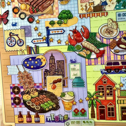 Colorful illustration of a city street with various food items and urban elements.