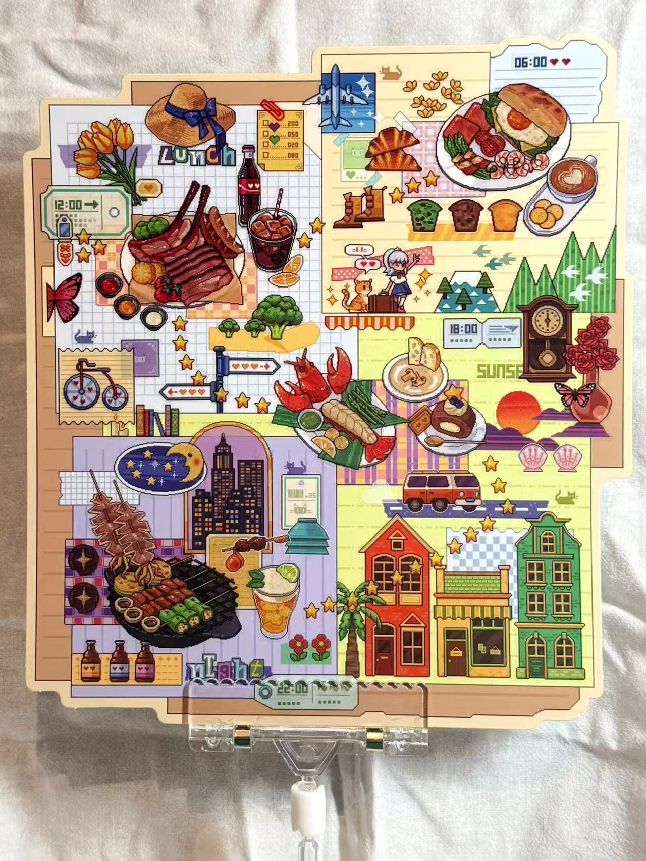 Colorful illustration of a city scene with various elements like buildings, food, and people on a white background.