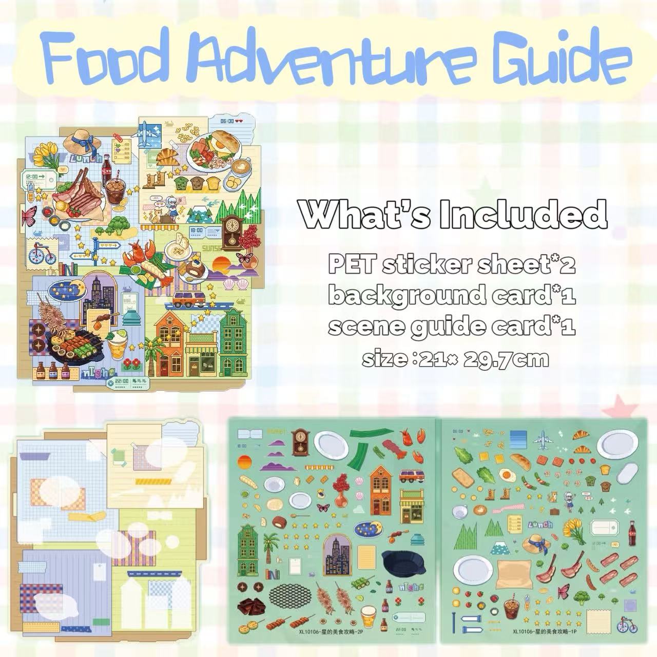 Food-themed adventure guide with illustrations of food items and scenes on a colorful background.