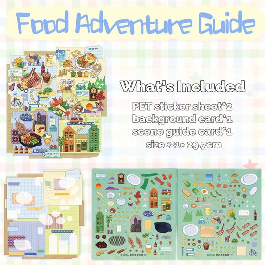 Food-themed adventure guide with illustrations of food items and scenes on a colorful background.
