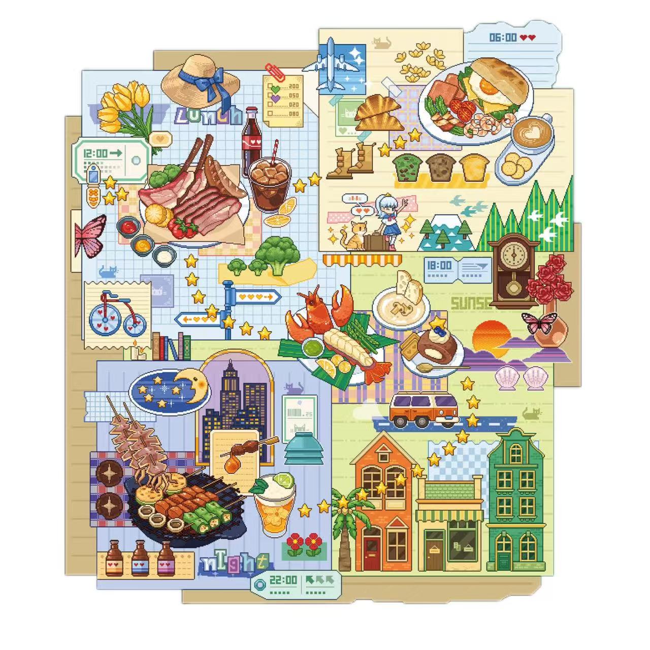 Illustrated calendar with various scenes including food, nature, and cityscape.