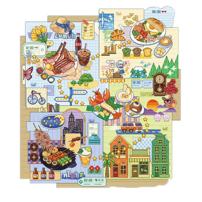 Illustrated calendar with various scenes including food, nature, and cityscape.