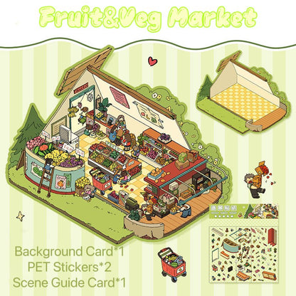 DOUBLEWOO Fruit&Veg Market scene stickers – includes PET stickers background cards and guide sheets