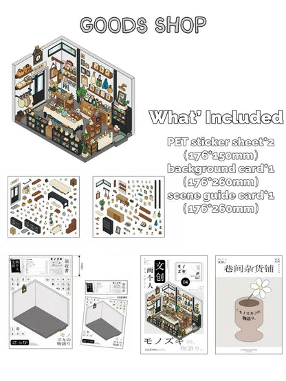 Set of isometric illustrations and packaging for a mini model kit of a store interior.