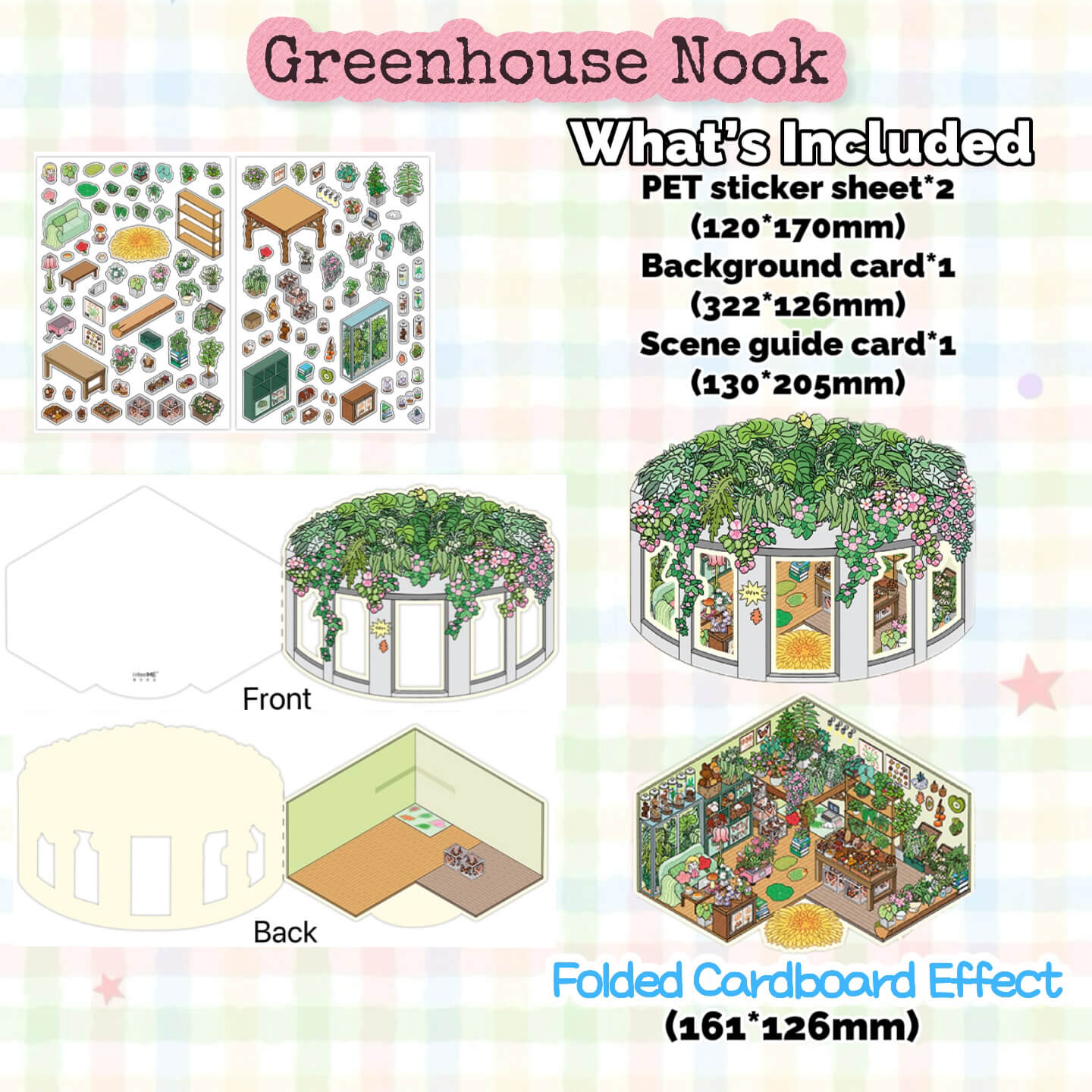 Greenhouse Nook product set with packaging and dimensions on a colorful background