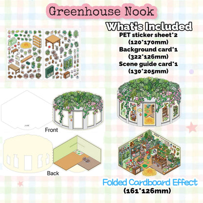 Greenhouse Nook product set with packaging and dimensions on a colorful background
