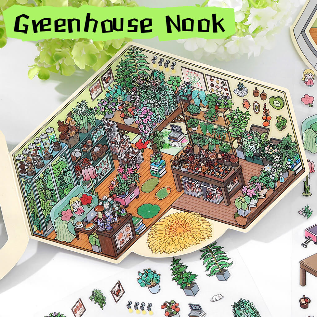 Illustrated greenhouse with various plants and furniture, branded 'Greenhouse Nook'.