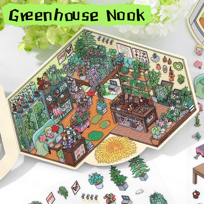 Illustrated greenhouse with various plants and furniture, branded 'Greenhouse Nook'.