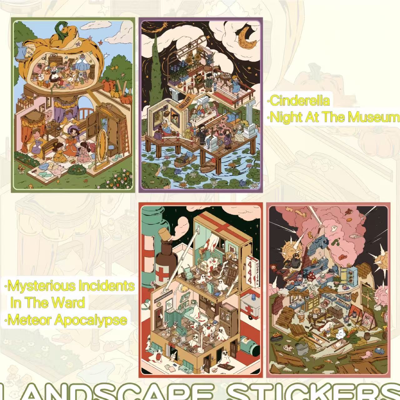 A combined preview of four illustrated scene sticker sets: “Mysterious Incidents in the Ward”, “Meteor Apocalypse”, “Cinderella”, and “Night at the Museum”