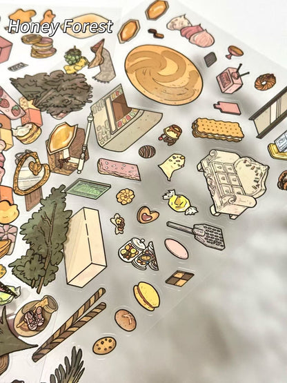 Colorful illustrated items on a white background with 'Honey Forest' branding.