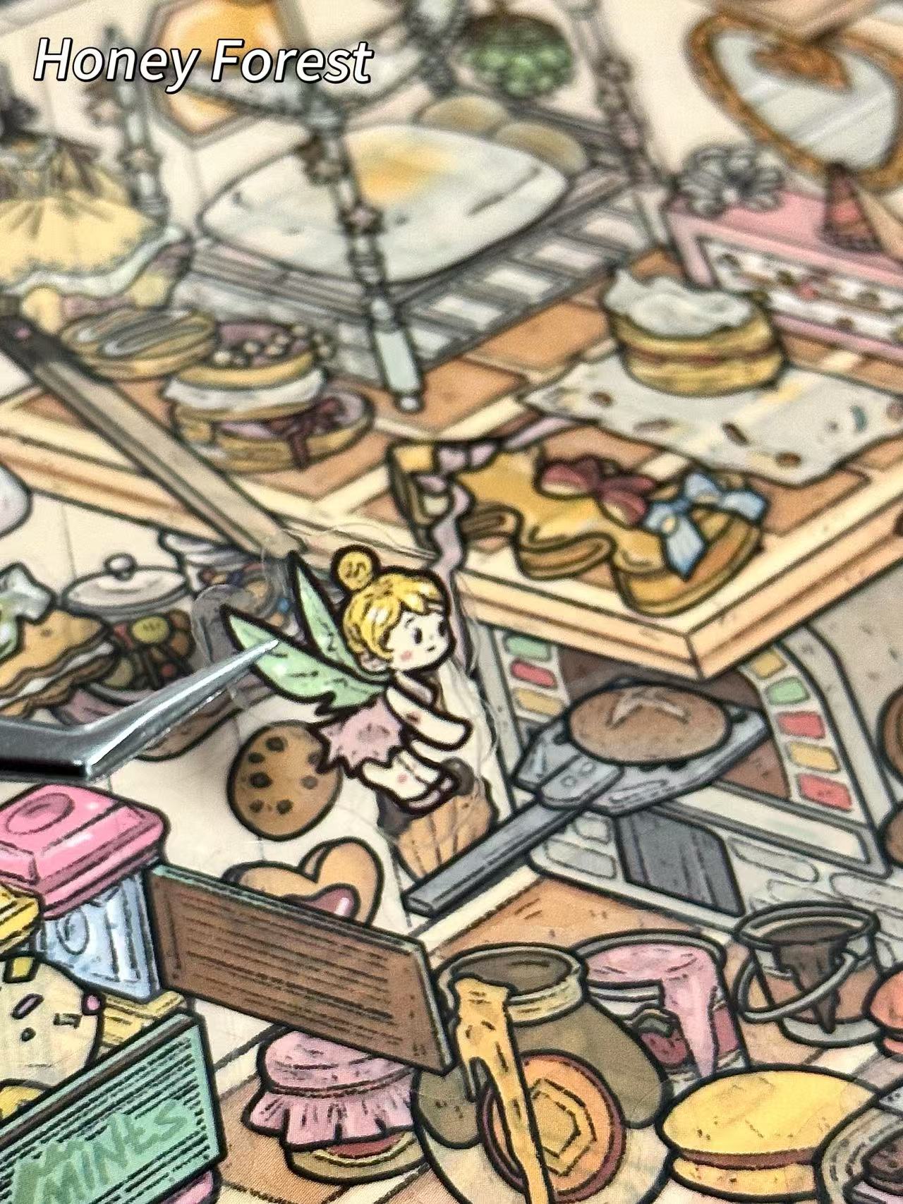 Illustration of a fairy in a kitchen with various kitchen items and food.