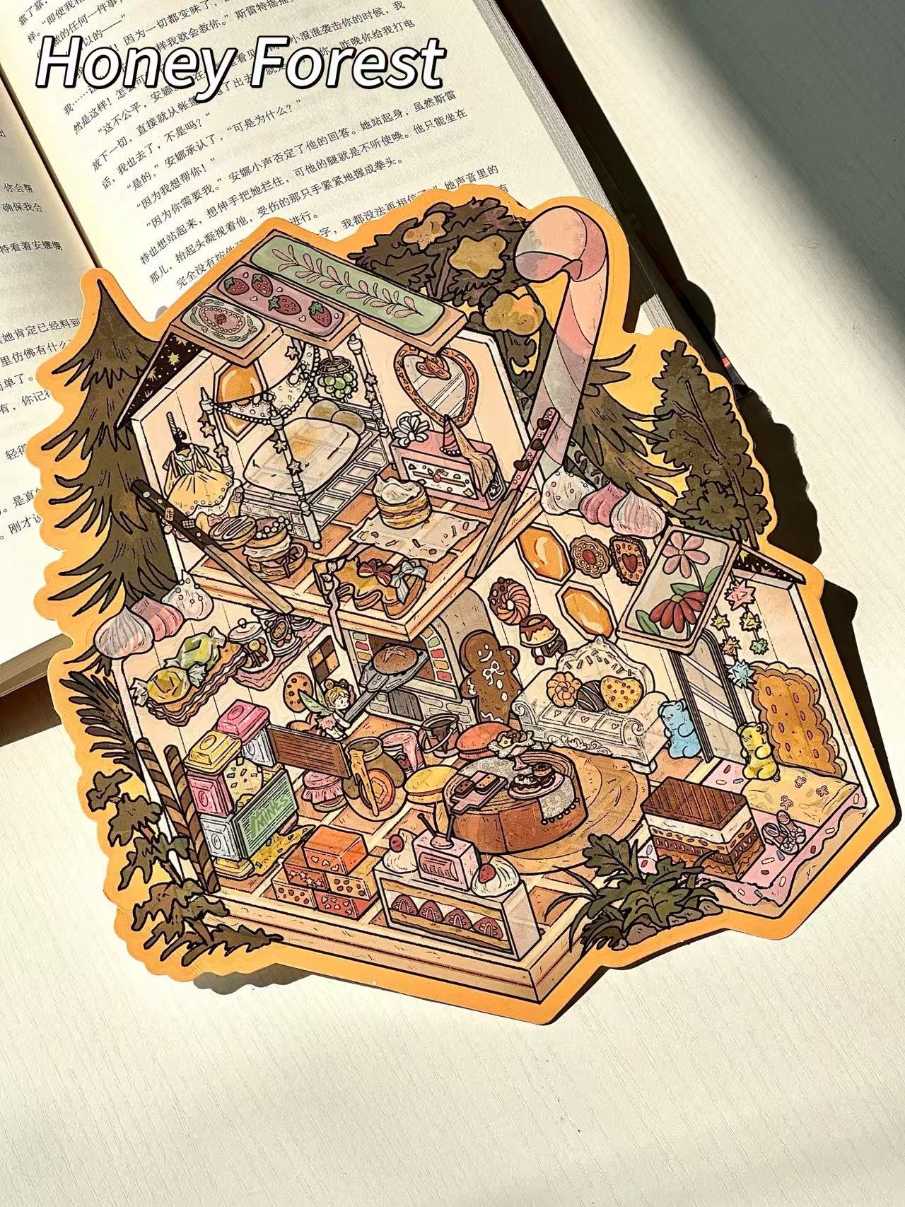 Illustrated honeycomb design with honeybees and honeycombs on a book page, labeled 'Honey Forest'.