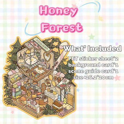 Illustration of a pet enclosure with 'Honey Forest' branding on a colorful background.