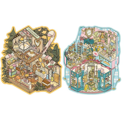 Two illustrated miniature rooms with detailed interior decor on a white background