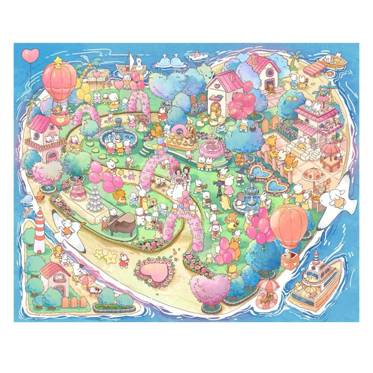 An illustrated sticker scene of a whimsical island wedding celebration in the shape of a heart. The scene features adorable animal characters attending a romantic outdoor ceremony under pink floral arches, surrounded by balloons, heart-shaped decorations, and festive food stalls. Hot air balloons, boats, swan paddle boats, and a lighthouse add to the dreamy coastal atmosphere.