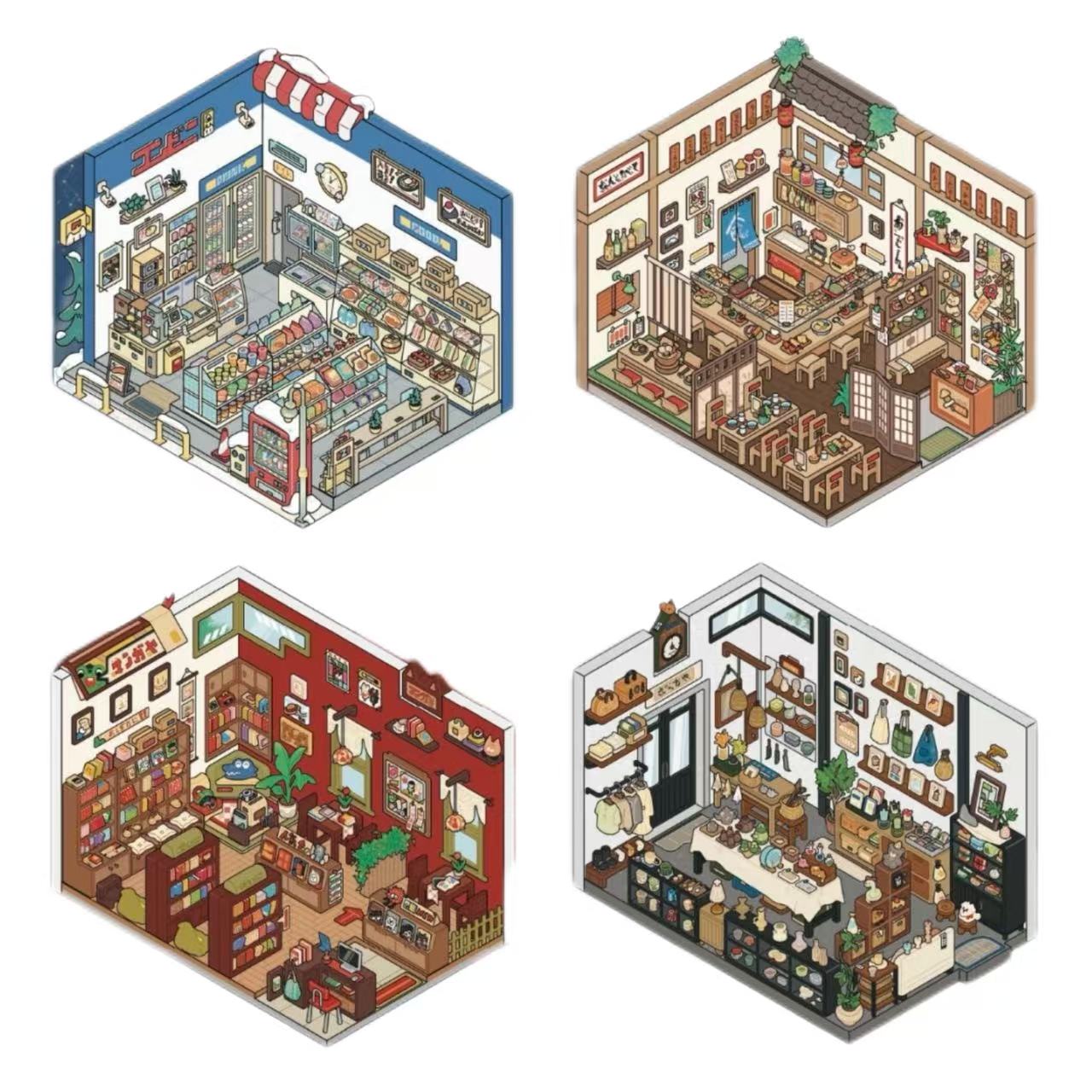 Isometric illustrations of miniature store facades with detailed interior designs.