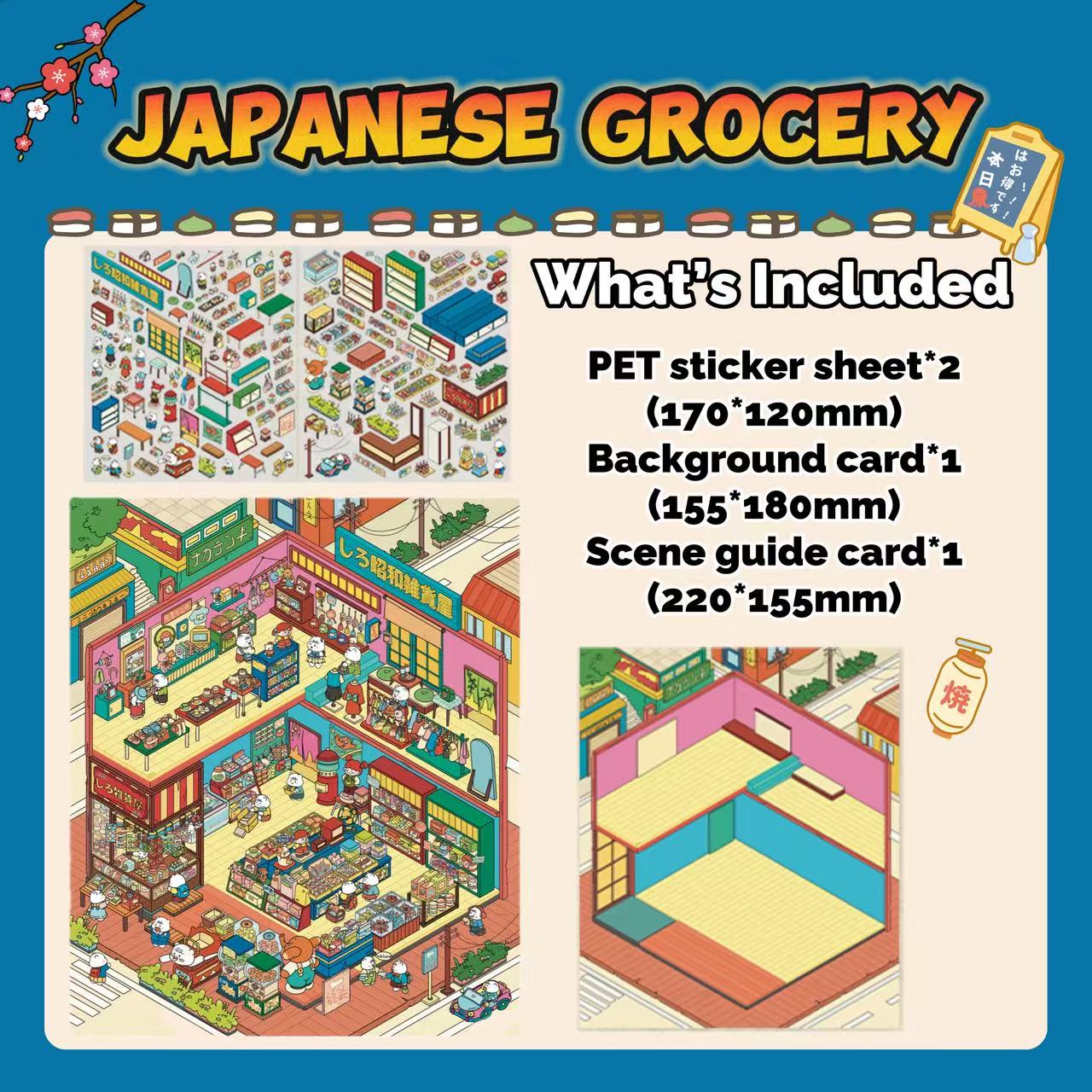 Product packaging for a Japanese grocery store set with illustrations and text on a blue background.