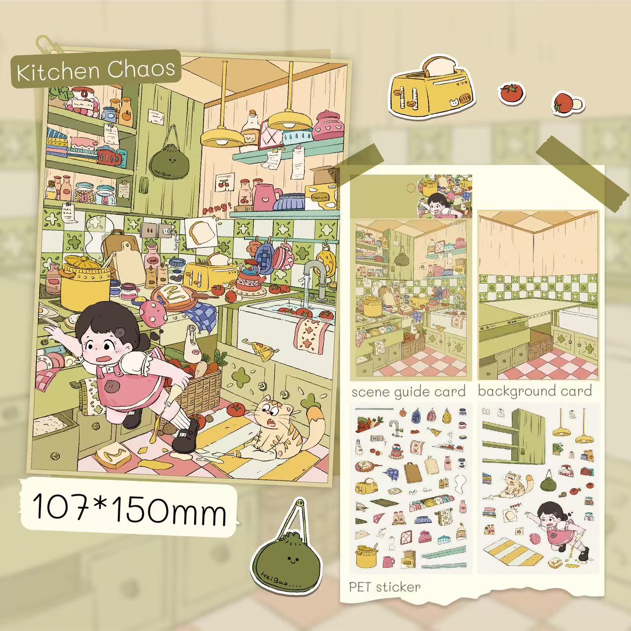Kitchen Chaos sticker kit – includes background card, scene guide, and PET sticker sheets with kitchen items