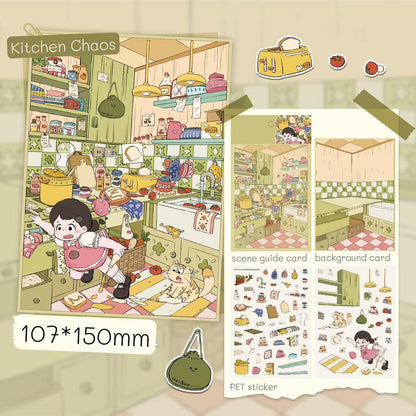 Kitchen Chaos sticker kit – includes background card, scene guide, and PET sticker sheets with kitchen items