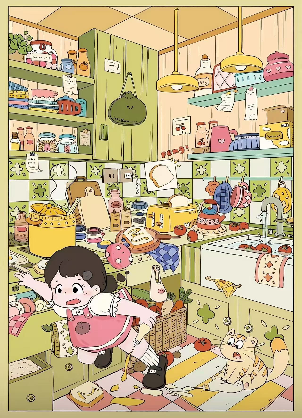 Kitchen Chaos sticker scene – a messy but fun cooking adventure with a girl and her cat in a colorful kitchen