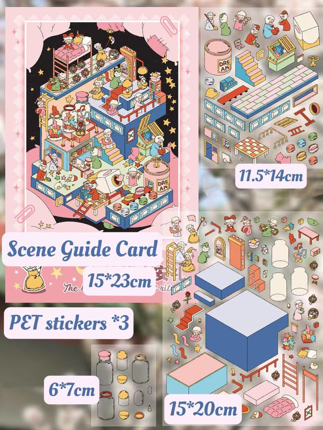 The Lamb’s Goodnight Ritual sticker set contents – PET stickers, background card, and scene guide card featuring bedtime elements and dreamy decorations