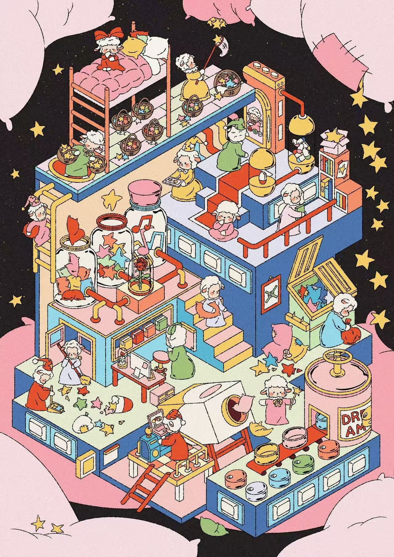 Lovely Little Moments – The Lamb’s Goodnight Ritual scenery sticker with bedtime routines, pastel dream clouds, and whimsical factory setup