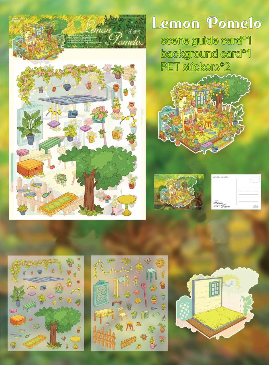 Lemon Pomelo sticker kit featuring a sunny garden scene with citrus trees and plants; includes 2 PET sticker sheets, 1 background card, and 1 scene guide.