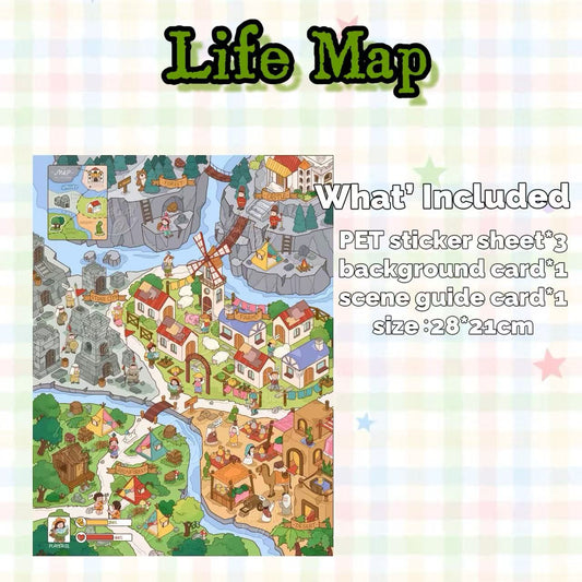 Life Map with cartoon village design on a colorful background