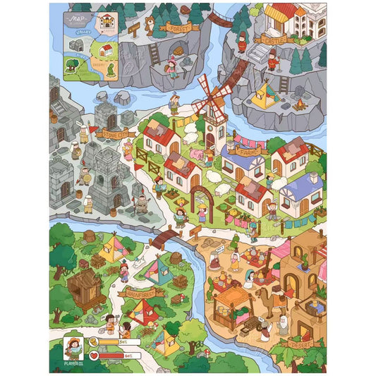 Colorful children's map of a fantasy village with various elements and characters.