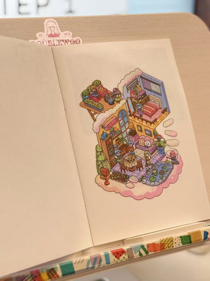 Finished DIY scene – Living in the Clouds sticker set assembled with floating houses and dreamy clouds