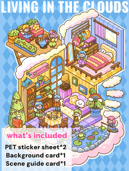 Living in the Clouds scene sticker – dreamy cloudscape scene with floating houses and soft pastel tones