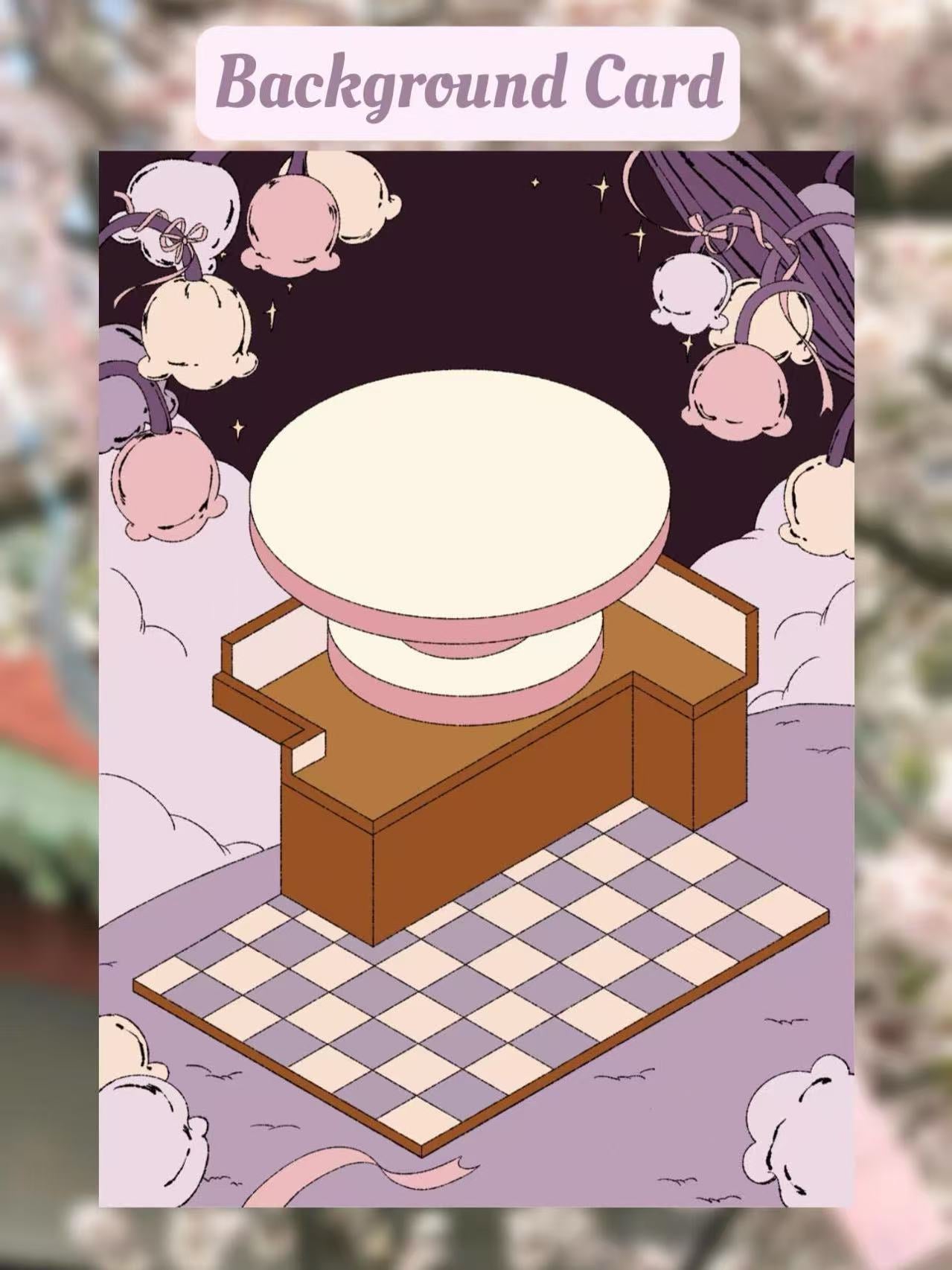Lolita Tea Party background card – elegant stage with ribbon details and dreamy purple cloud background