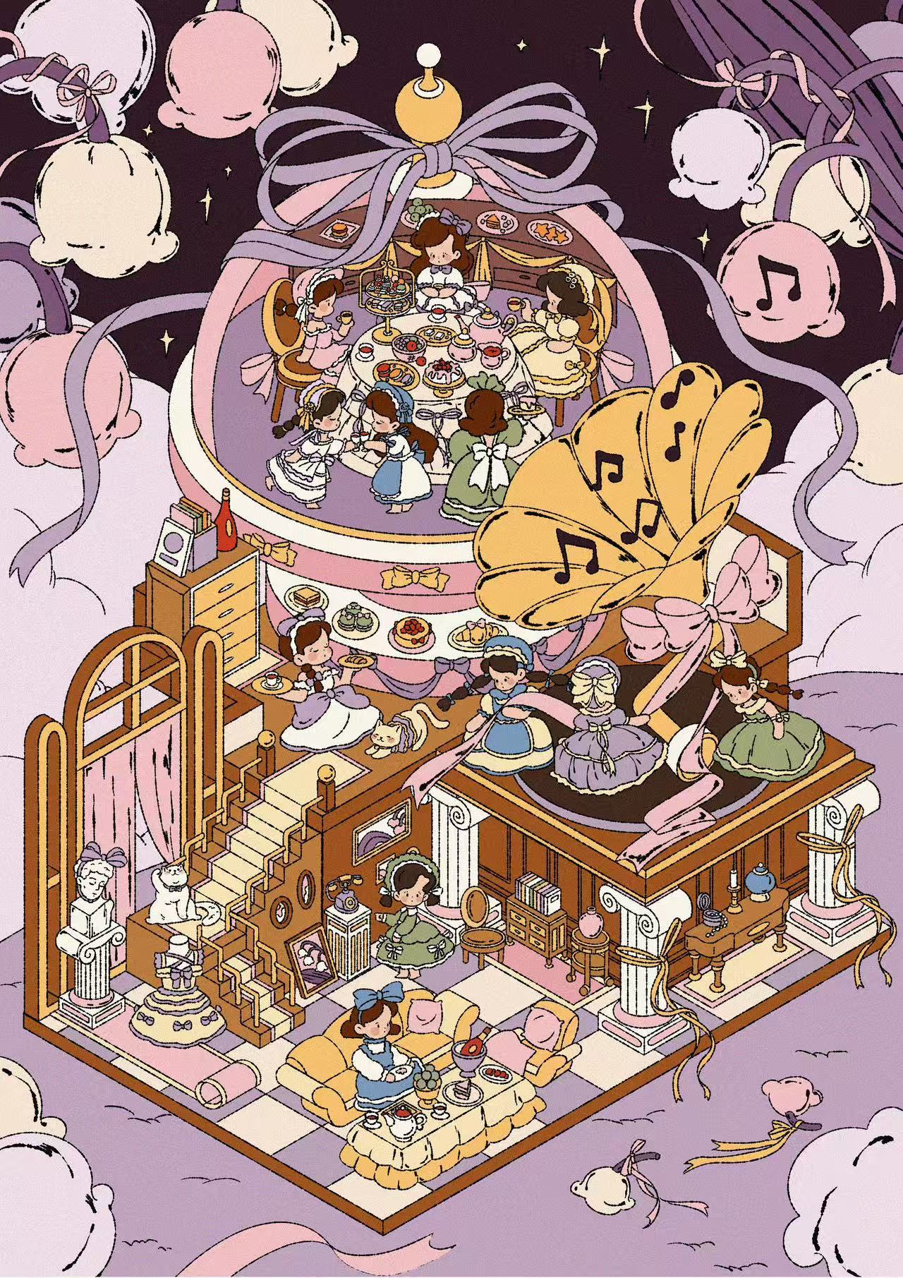 Lovely Little Moments – Lolita Tea Party scenery sticker featuring vintage dresses, music box, and elegant afternoon tea scene