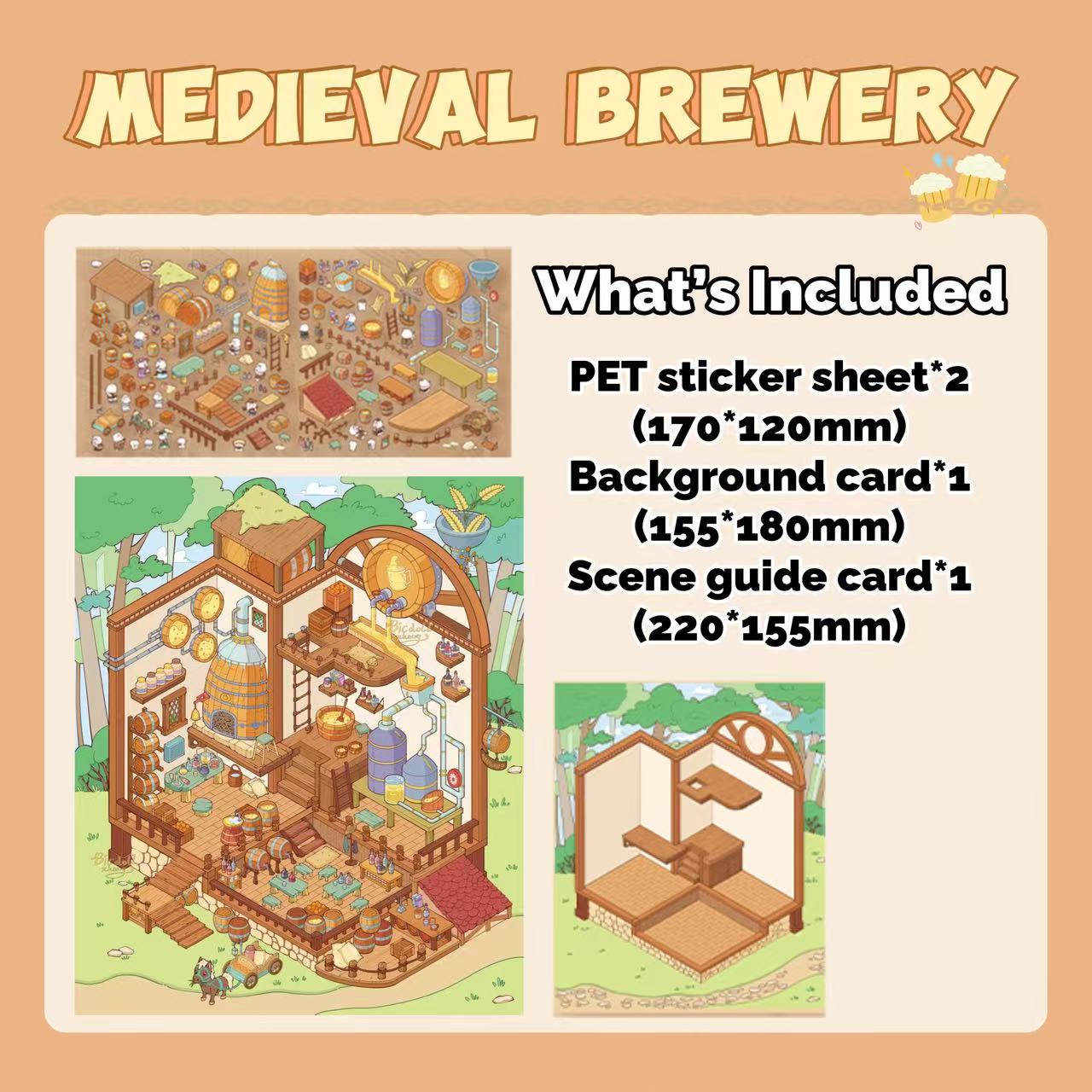 Illustrated medieval brewery set with included components on a beige background
